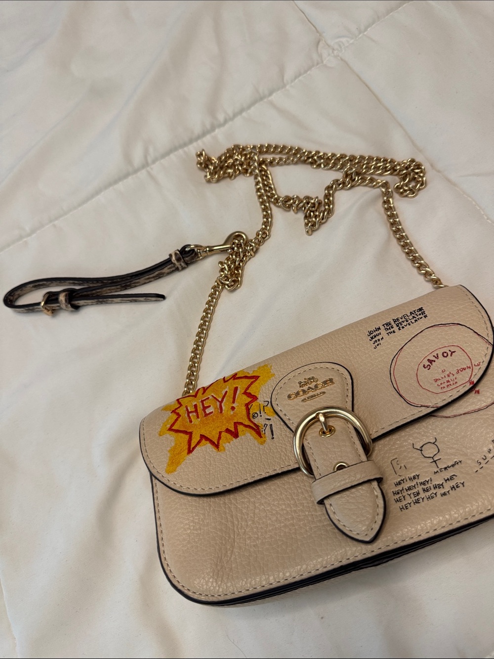 Coach Basquait Cream Leather Crossbody withGold Chain